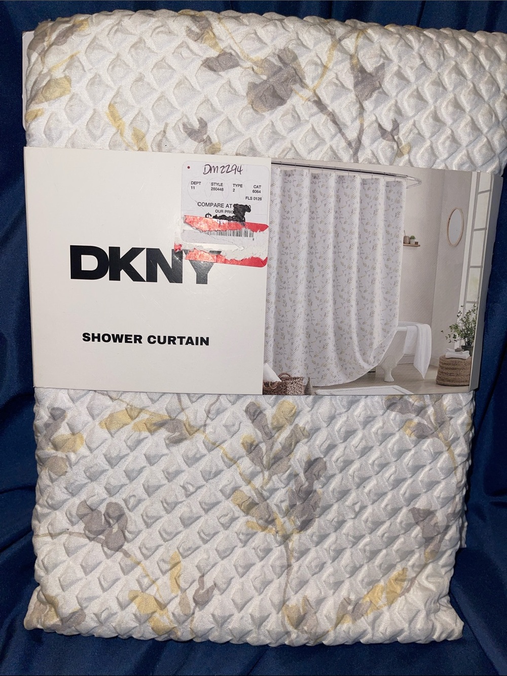DKNY White Shower Curtain with Yellow and Gray Leaf Accents